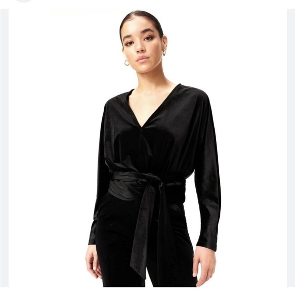 Good American Tops - Good American Velvet Wrap Top Plunging‎ Deep V-Neck Long Sleeve Belted Size 0